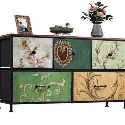 Commode 100 cm, avec 5 tiroirs de rangement, motif vintage - Multicouleur