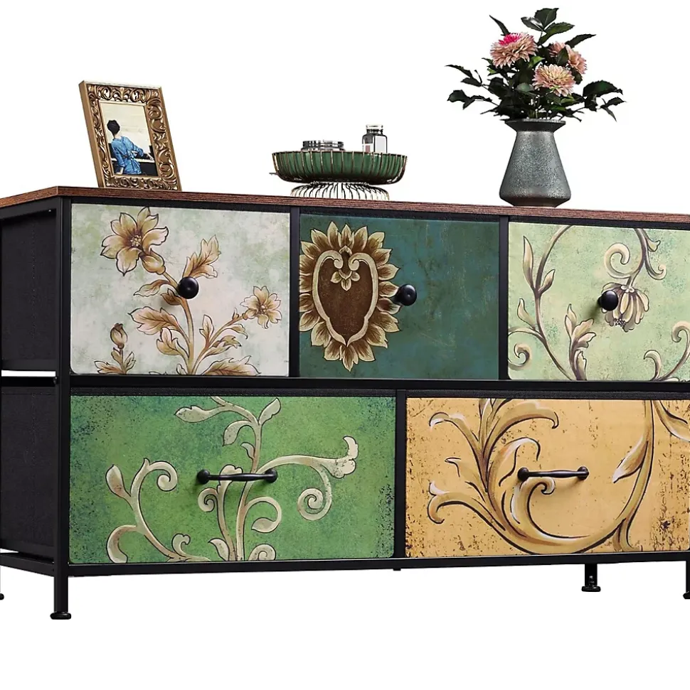 Commode 100 cm, avec 5 tiroirs de rangement, motif vintage - Multicouleur