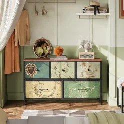 Commode 100 cm, avec 5 tiroirs de rangement, motif vintage - Multicouleur