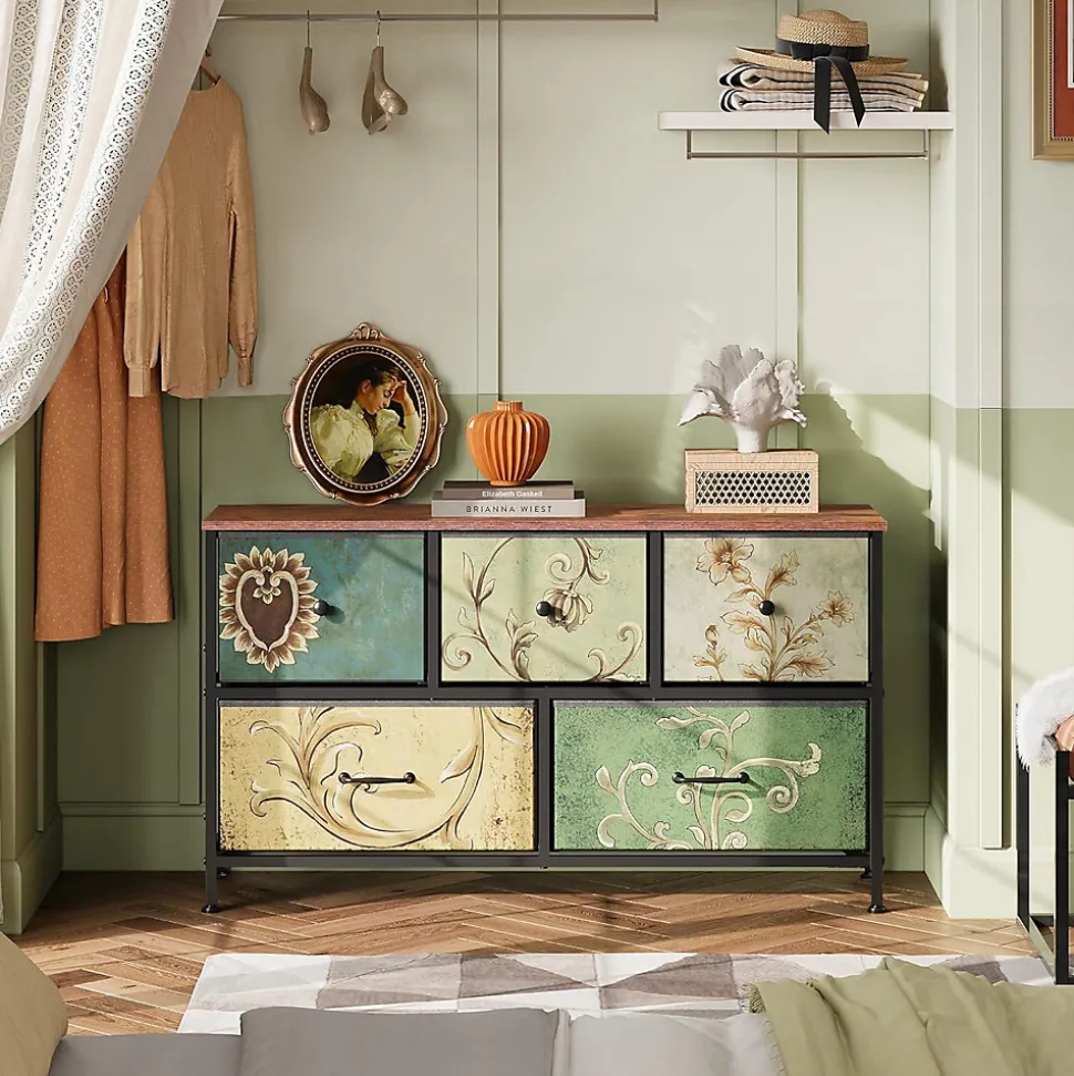 Commode 100 cm, avec 5 tiroirs de rangement, motif vintage - Multicouleur