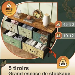 Commode 100 cm, avec 5 tiroirs de rangement, motif vintage - Multicouleur