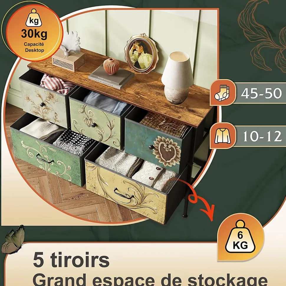 Commode 100 cm, avec 5 tiroirs de rangement, motif vintage - Multicouleur