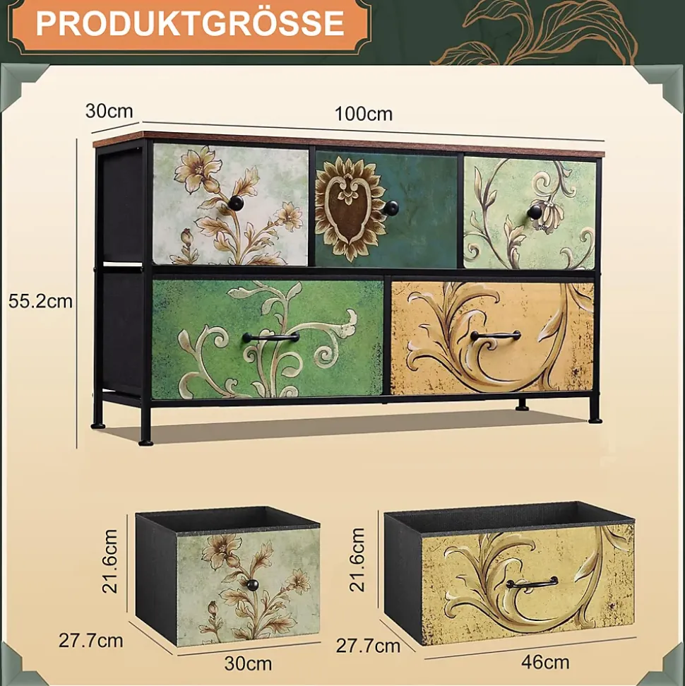 Commode 100 cm, avec 5 tiroirs de rangement, motif vintage - Multicouleur