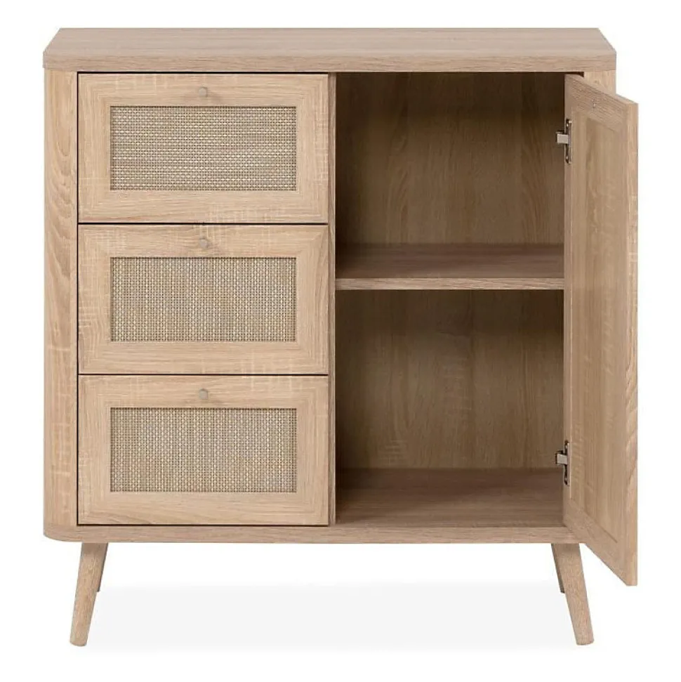 Commode - KUTA 01A - 1 porte - 3 tiroirs - Chene sonoma / Osier Palu - 80,9 x 84 x 40 cm