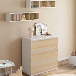 Commode à langer évolutive AMBRE façon hêtre et blanc 3 tiroirs table à langer et 2 étagères amovibles