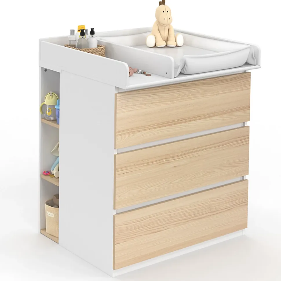 Commode à langer évolutive AMBRE façon hêtre et blanc 3 tiroirs table à langer et 2 étagères amovibles