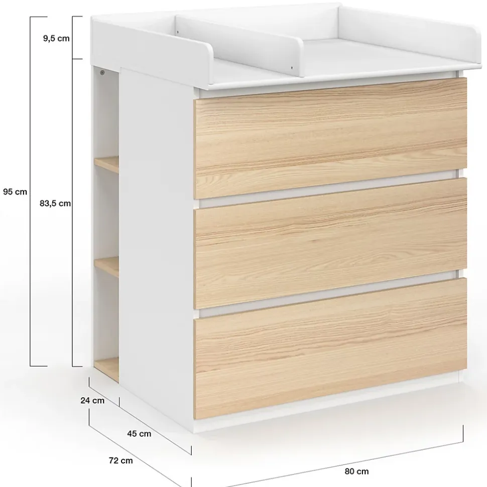 Commode à langer évolutive AMBRE façon hêtre et blanc 3 tiroirs table à langer et 2 étagères amovibles