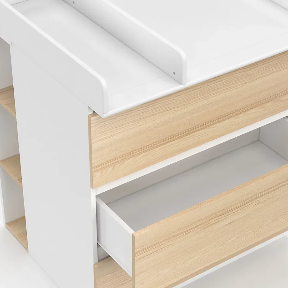 Commode à langer évolutive AMBRE façon hêtre et blanc 3 tiroirs table à langer et 2 étagères amovibles