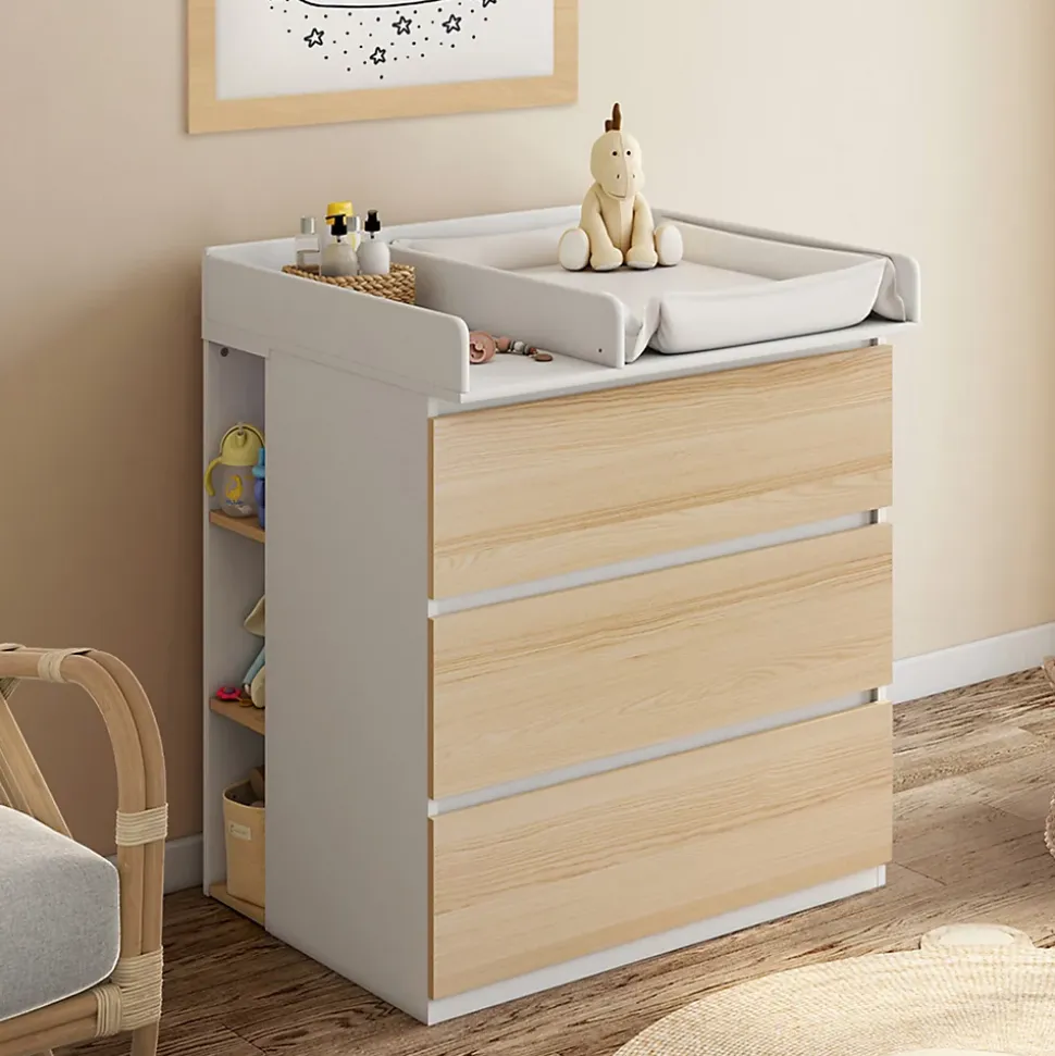 Commode à langer évolutive AMBRE façon hêtre et blanc 3 tiroirs table à langer et 2 étagères amovibles