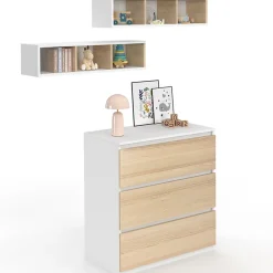 Commode à langer évolutive AMBRE façon hêtre et blanc 3 tiroirs table à langer et 2 étagères amovibles