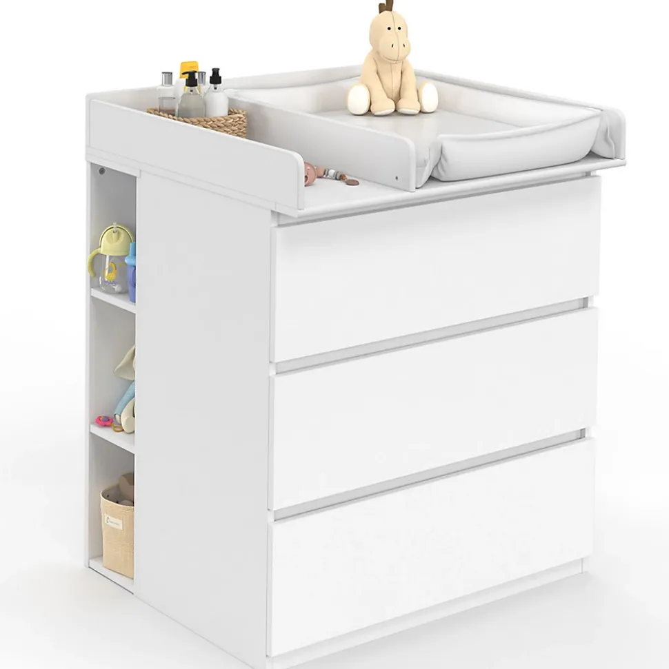 Commode à langer évolutive AMBRE blanc 3 tiroirs table à langer et 2 étagères amovibles