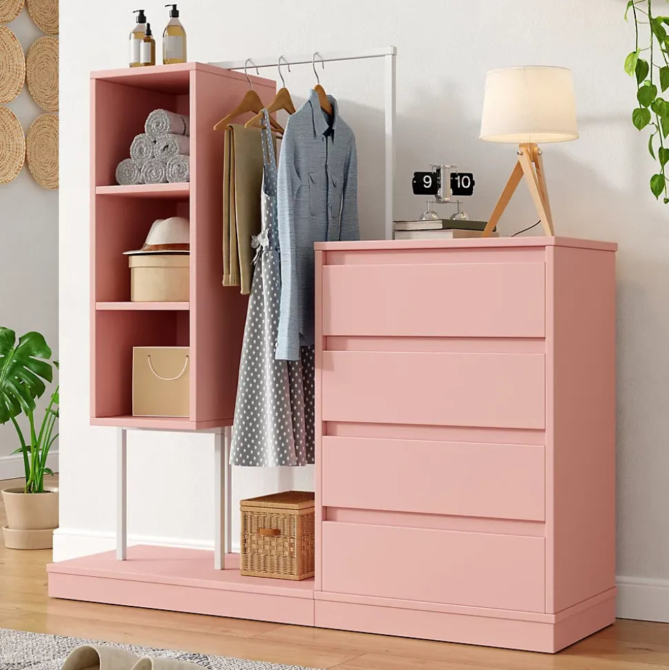 Commode - Meuble d'entrée avec Tiroirs et Étagères, Barre de Penderie Intégrée, Panneaux de Particules - 140x40x127,5 cm - Rose