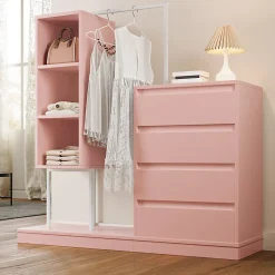 Commode - Meuble d'entrée avec Tiroirs et Étagères, Barre de Penderie Intégrée, Panneaux de Particules - 140x40x127,5 cm - Rose