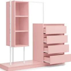 Commode - Meuble d'entrée avec Tiroirs et Étagères, Barre de Penderie Intégrée, Panneaux de Particules - 140x40x127,5 cm - Rose