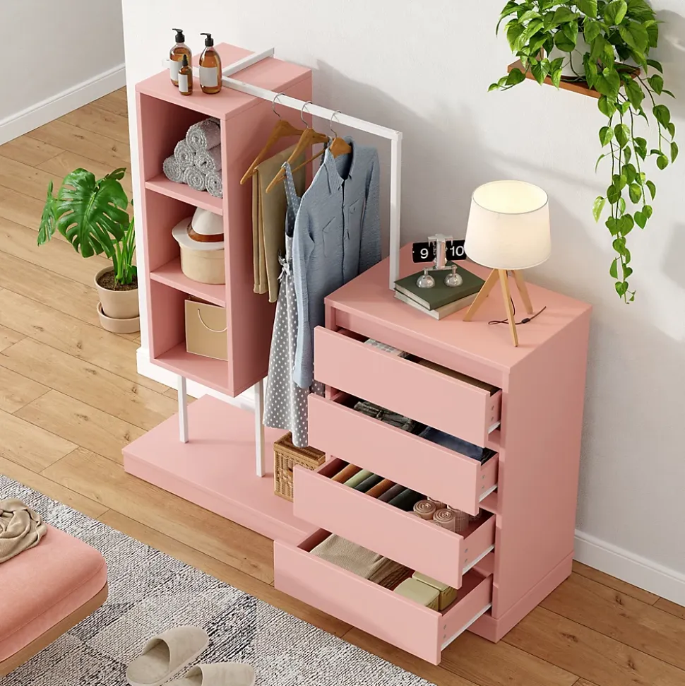 Commode - Meuble d'entrée avec Tiroirs et Étagères, Barre de Penderie Intégrée, Panneaux de Particules - 140x40x127,5 cm - Rose