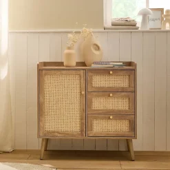 Commode 1 porte 3 tiroirs avec façades en rotin et pieds en bois L80 cm - PALMO