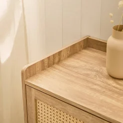 Commode 1 porte 3 tiroirs avec façades en rotin et pieds en bois L80 cm - PALMO