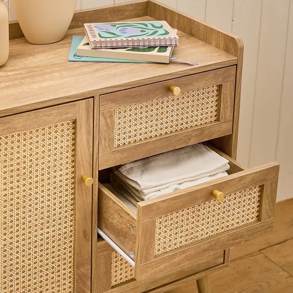 Commode 1 porte 3 tiroirs avec façades en rotin et pieds en bois L80 cm - PALMO