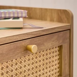 Commode 1 porte 3 tiroirs avec façades en rotin et pieds en bois L80 cm - PALMO