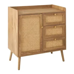Commode 1 porte 3 tiroirs avec façades en rotin et pieds en bois L80 cm - PALMO