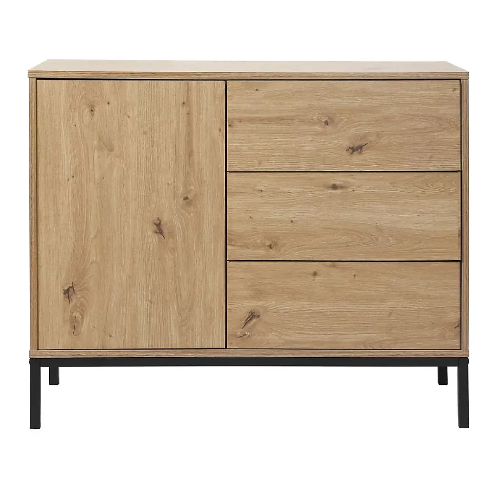 Commode 1 Porte 3 Tiroirs Décor Chêne L90 x H80 cm - LENNY