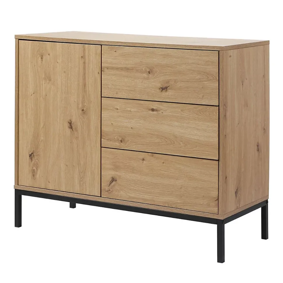 Commode 1 Porte 3 Tiroirs Décor Chêne L90 x H80 cm - LENNY