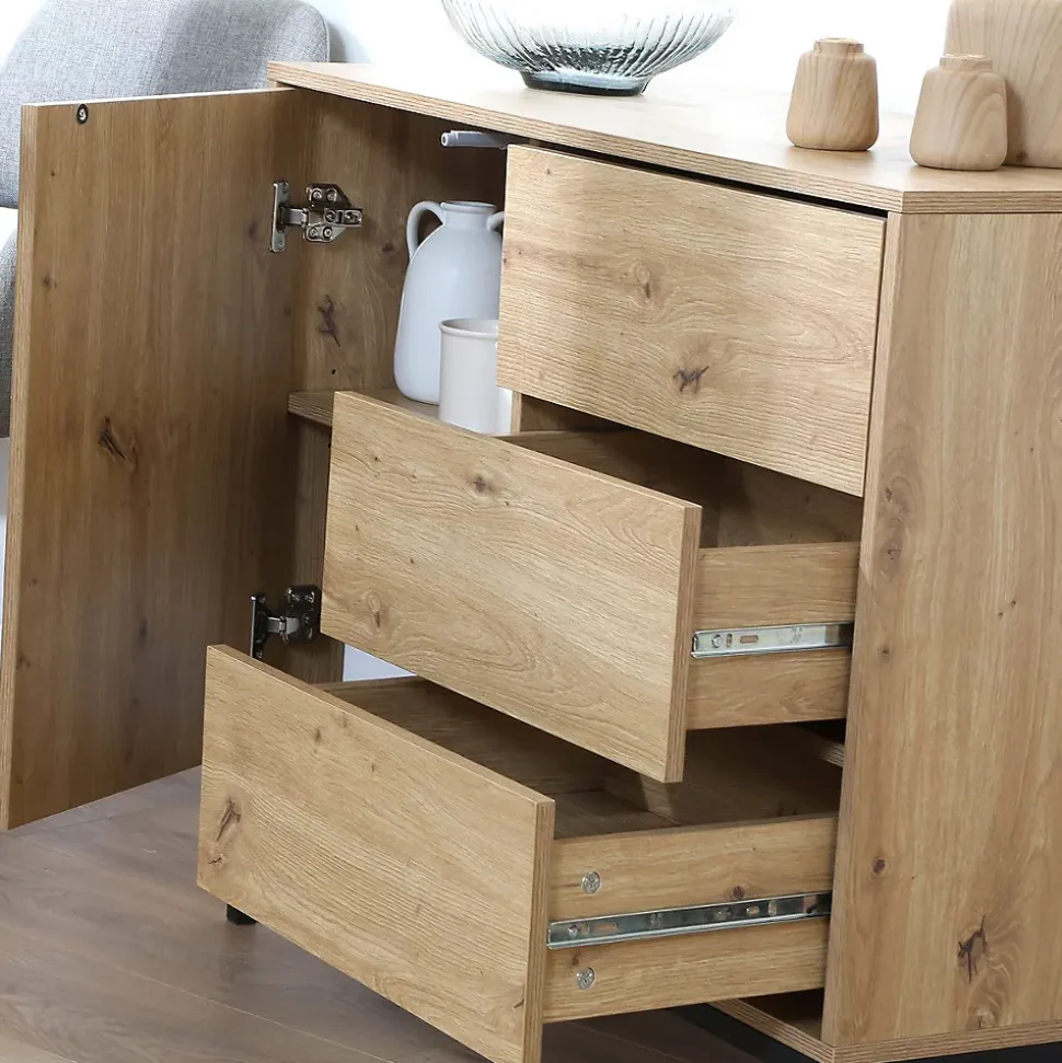 Commode 1 Porte 3 Tiroirs Décor Chêne L90 x H80 cm - LENNY
