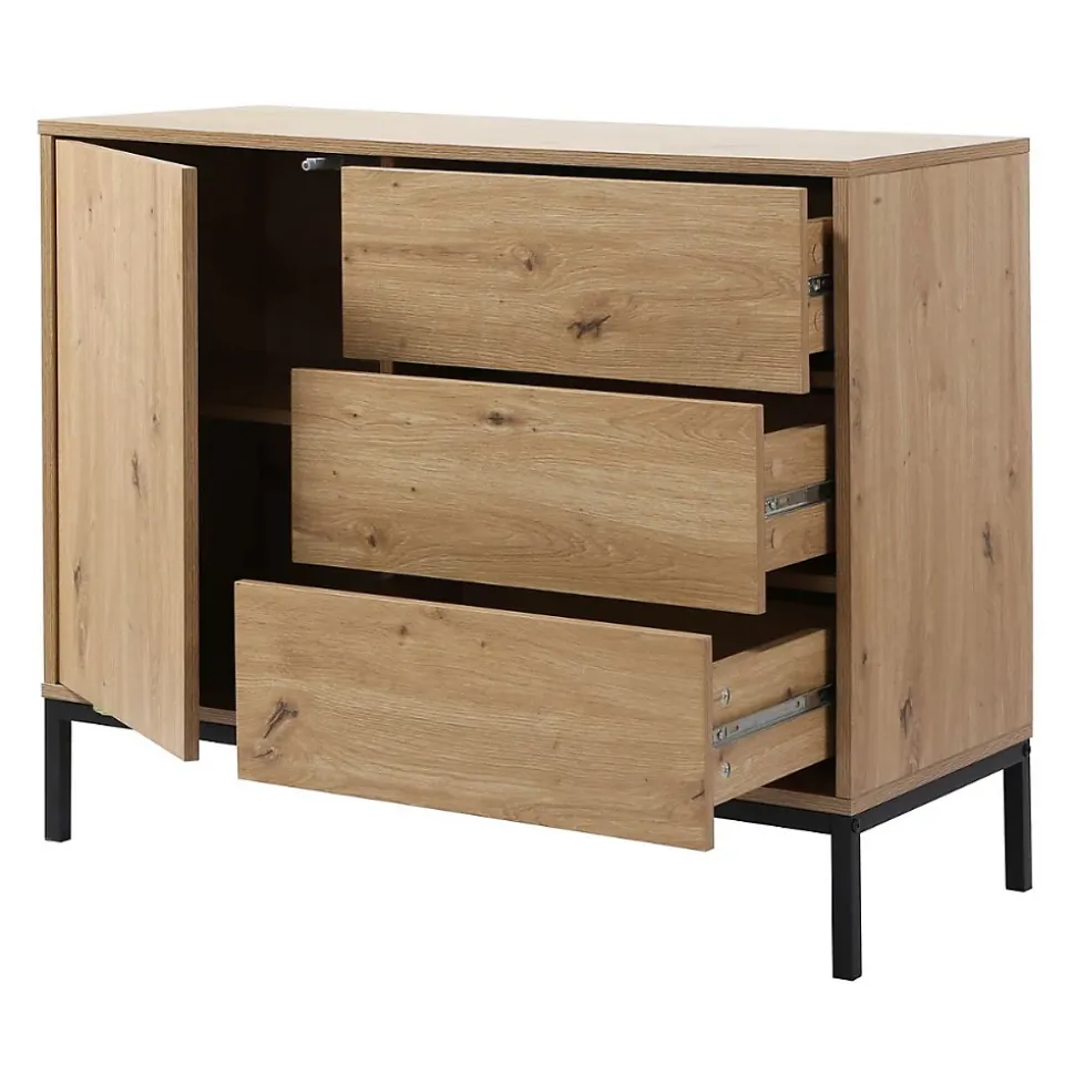 Commode 1 Porte 3 Tiroirs Décor Chêne L90 x H80 cm - LENNY