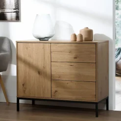 Commode 1 Porte 3 Tiroirs Décor Chêne L90 x H80 cm - LENNY