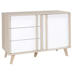 Commode 1 porte et 3 tiroirs MALMO coloris chene clair et blanc