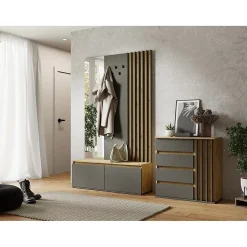Commode 1 porte et 4 tiroirs - chene et gris - Collection NEMO