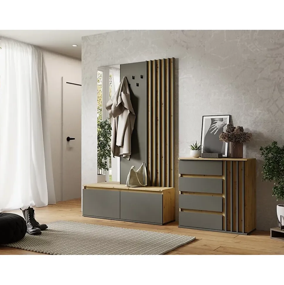 Commode 1 porte et 4 tiroirs - chene et gris - Collection NEMO