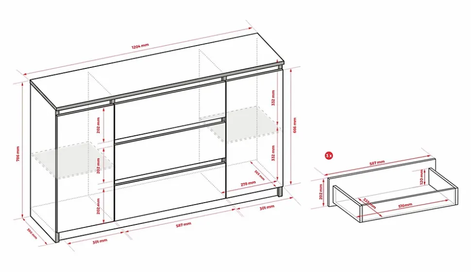 Commode 2 portes 3 tiroirs, 120 x 78 x 39 cm, couleur: marine
