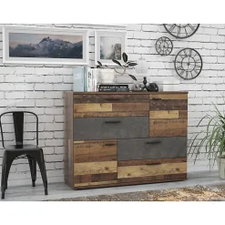 Commode 2 portes 4 tiroirs décor bois vintage béton gris - DEST