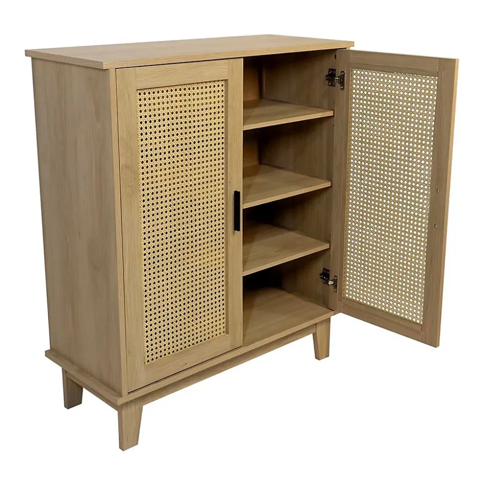 Commode 2 portes et 3 étagères cannage bois naturel 80 x 34 x 96 cm