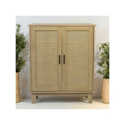 Commode 2 portes et 3 étagères cannage bois naturel 80 x 34 x 96 cm