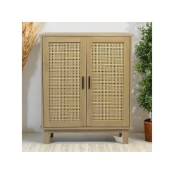 Commode 2 portes et 3 étagères cannage bois naturel 80 x 34 x 96 cm