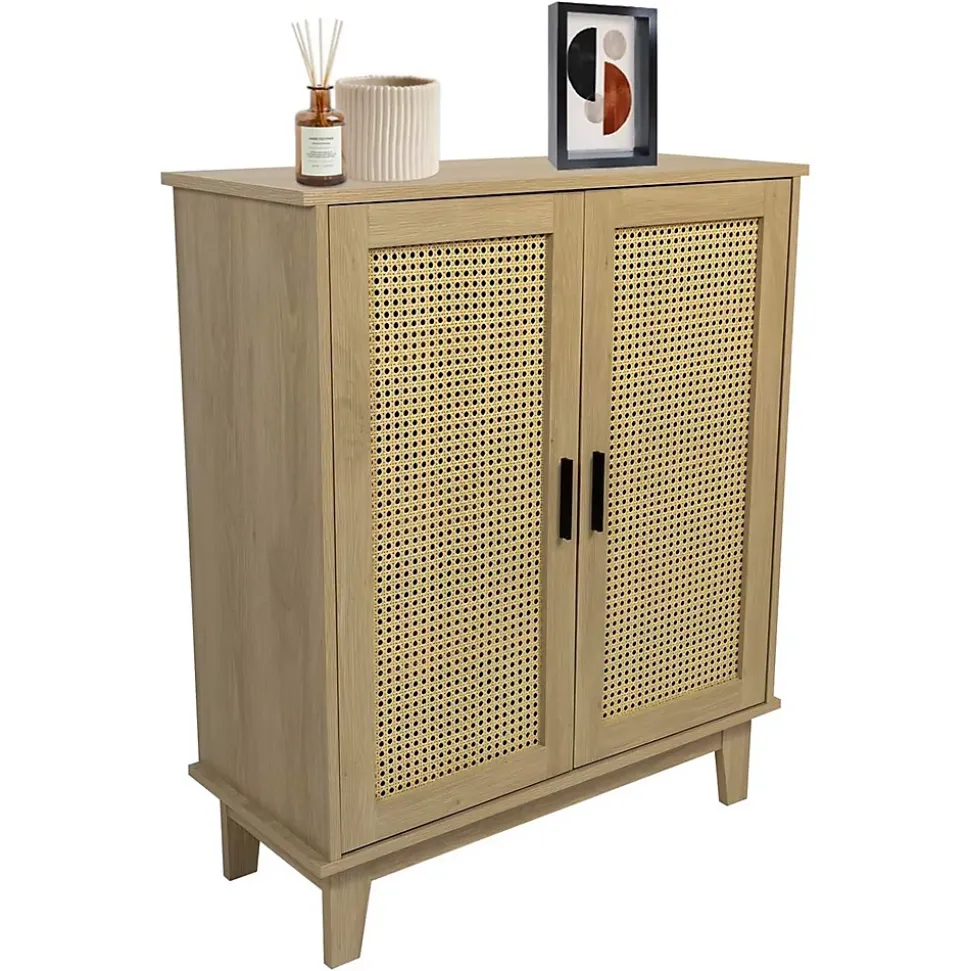 Commode 2 portes et 3 étagères cannage bois naturel 80 x 34 x 96 cm