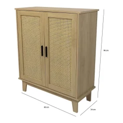 Commode 2 portes et 3 étagères cannage bois naturel 80 x 34 x 96 cm