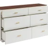 Commode 6 tiroirs - MDF et verre trempé - Blanc laqué et marron - MATIRINA