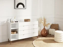 Commode 6 tiroirs, 3 niches et 1 coffre - Avec miroir - Blanc et doré - ONISHA