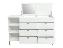 Commode 6 tiroirs, 3 niches et 1 coffre - Avec miroir - Blanc et doré - ONISHA