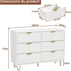Commode 6 tiroirs à ondulations - Blanc, rangement élégant et pratique pour chambre, salon ou bureau
