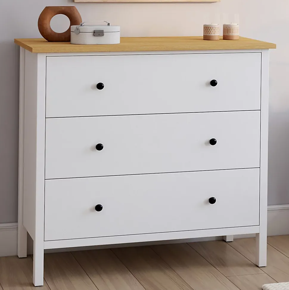 Commode 3 tiroirs ACHILLE 80 cm bois blanc plateau bois