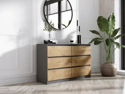 Commode 6 Tiroirs, Anthracite / Chêne Lancelot, 120 x 39 x 79 Cm