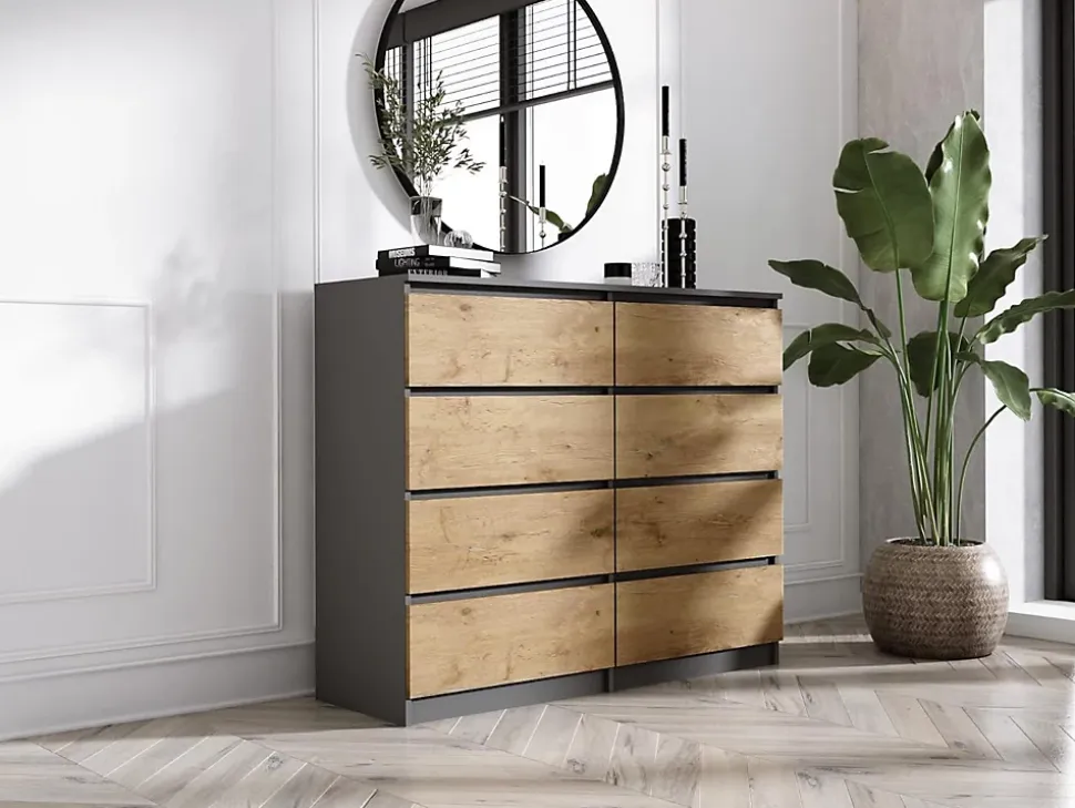 Commode 8 Tiroirs, Anthracite / Chêne Lancelot, 120 X 101 X 39 Cm
