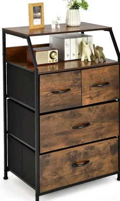 Commode 4 Tiroirs avec 2 Étagères-Tour de Rangement avec Cadre en Métal-Tiroirs en Tissu-Dispositif Anti-basculement-Brun
