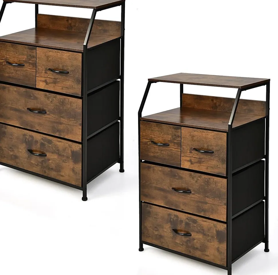 Commode 4 Tiroirs avec 2 Étagères-Tour de Rangement avec Cadre en Métal-Tiroirs en Tissu-Dispositif Anti-basculement-Brun