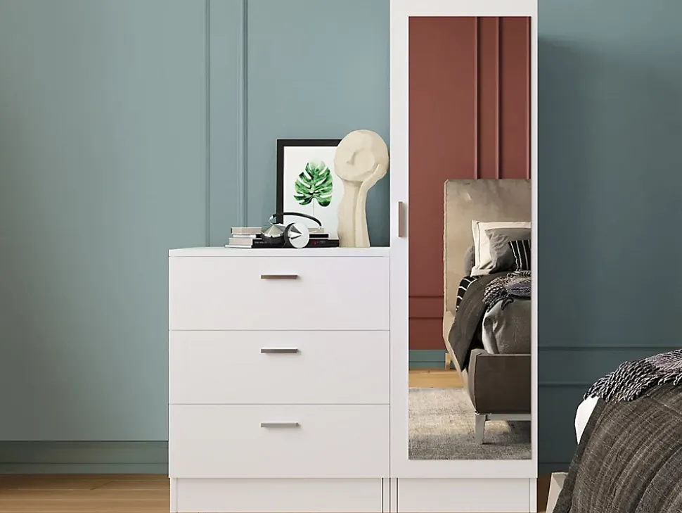 Commode 3 tiroirs avec armoire et miroir - Blanc - VITORIO
