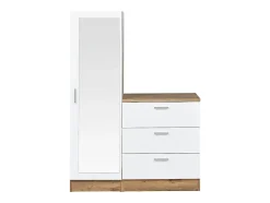 Commode 3 tiroirs avec armoire et miroir - Blanc et naturel - VITORIO